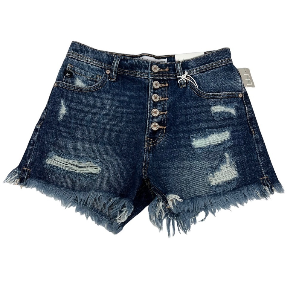 NWT KanCan Junior Women’s MOM Blue Jean Shorts Sz 1 Button Fly Distress Stretch